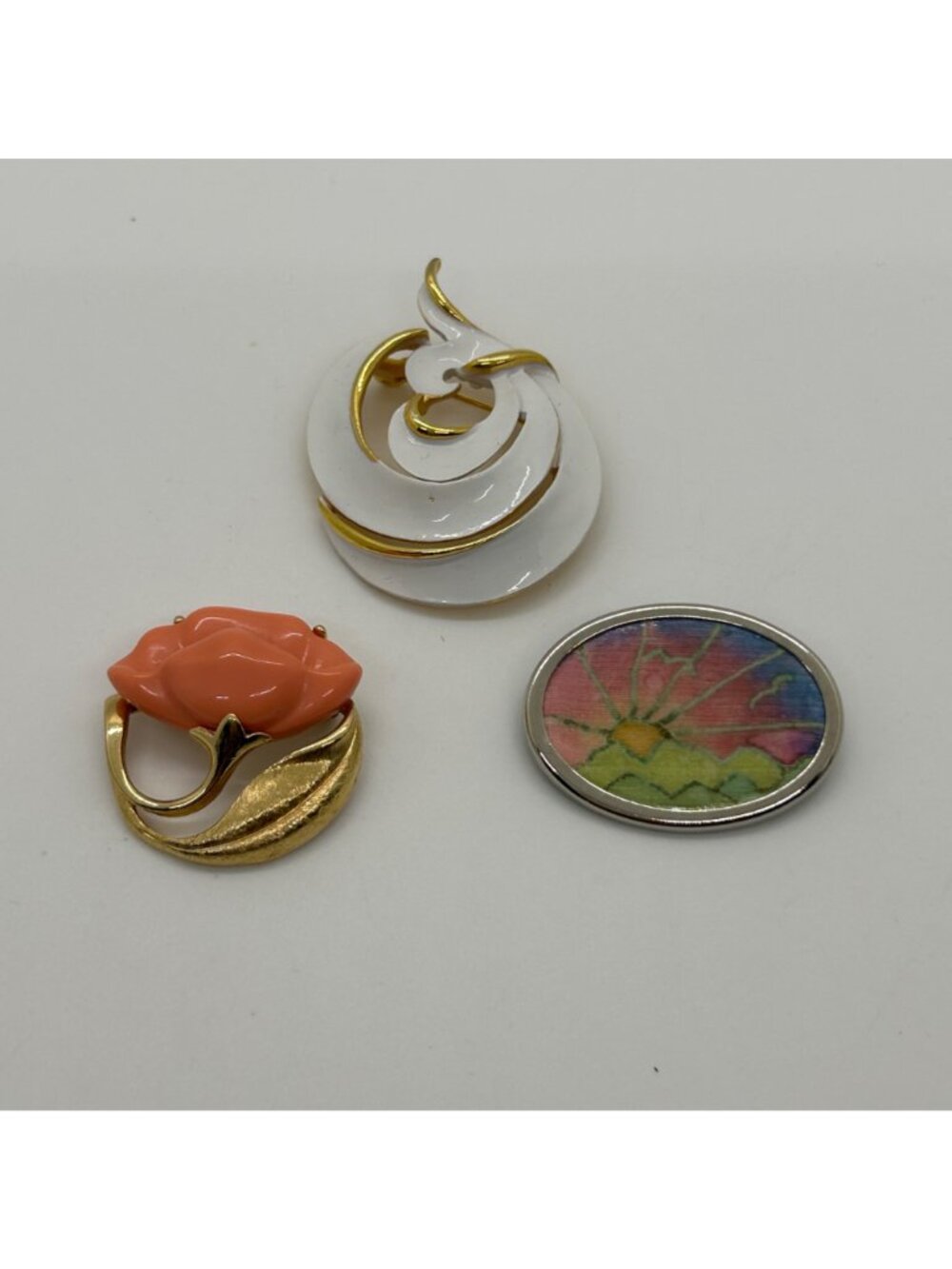 Vintage Brooch Pin Lot White Enamel Coral Flower Sunrise Landscape Costume 3pc - Picture 2 of 9